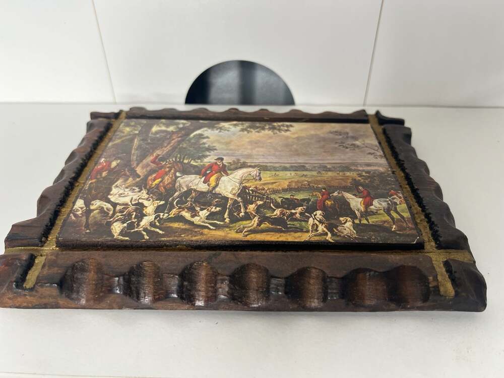 Vintage English Fox Hunt Wall Plaque Wood and Tile Art